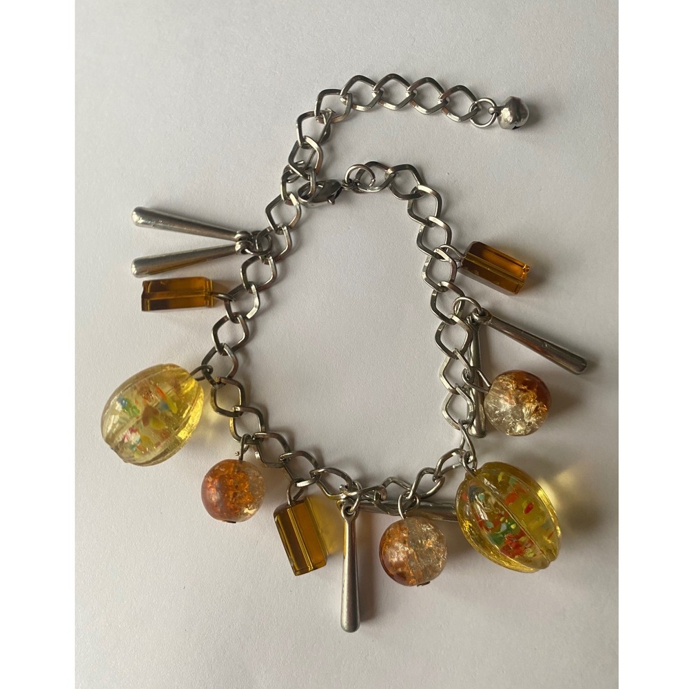 Vintage Silver Tone MCM Italian Glass Bead‎ Confetti Charm Bracelet Adjustable